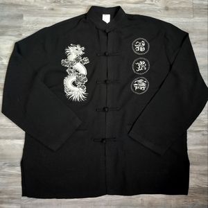 Black Chinese Embroidered Dragon Long Sleeve Shirt Jacket Unisex, Size Large